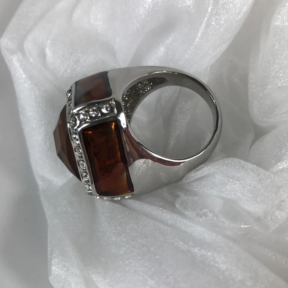 Smoky Quartz Ring Men's Size 8 Square Simulated Stones Faceted Silver Tone Band